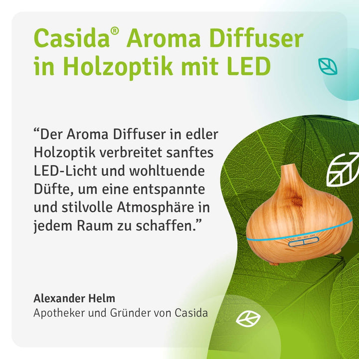 Detailansicht: Aromadiffusor Ultraschall mit LED-Beleuchtung, Oberfläche in authentischer Holzoptik.