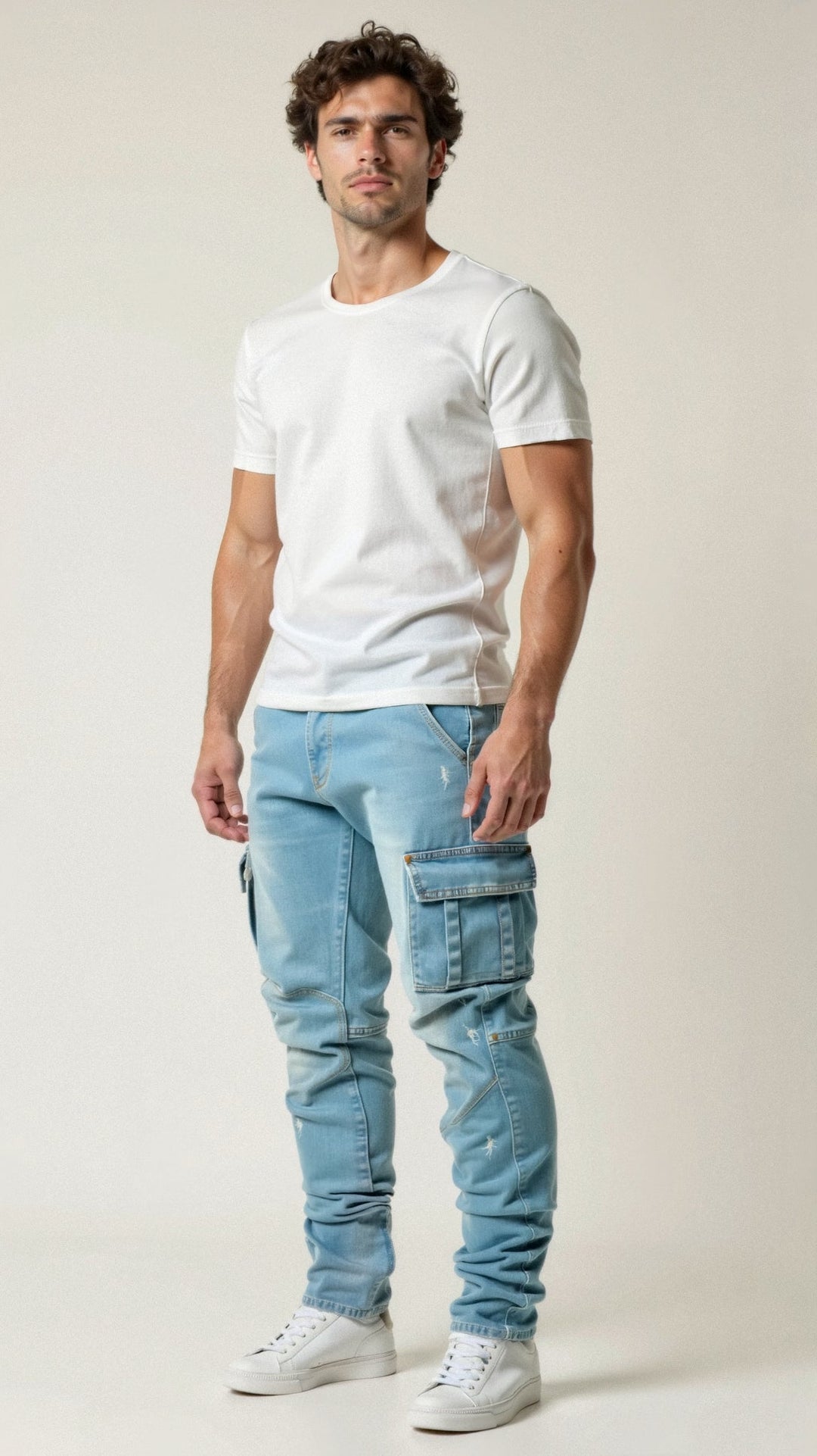 Rückenansicht der Herren Cargo Jeans. Bequeme Freizeithose mit praktischen Gesäßtaschen & cargotypischen Details.
