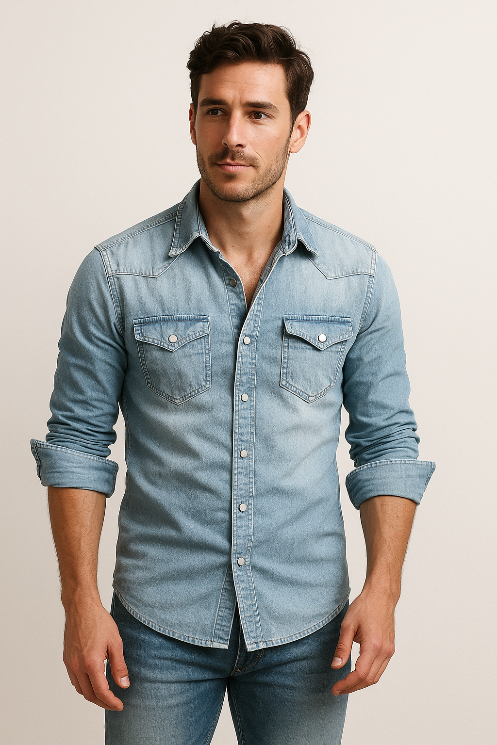 Modernes Herren Langarmhemd Slim Fit mit Druckknöpfen und Brusttaschen für Freizeit & Alltag, ganzjährig.