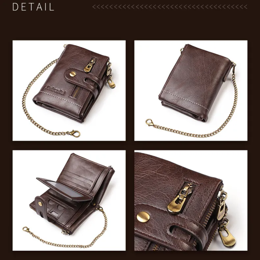 Detailaufnahme der Retro Herren Brieftasche mit Kette, Lederstruktur & Metallkette. Hochwertiges Leder.