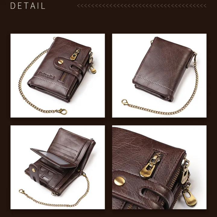 Detailaufnahme der Retro Herren Brieftasche mit Kette, Lederstruktur & Metallkette. Hochwertiges Leder.