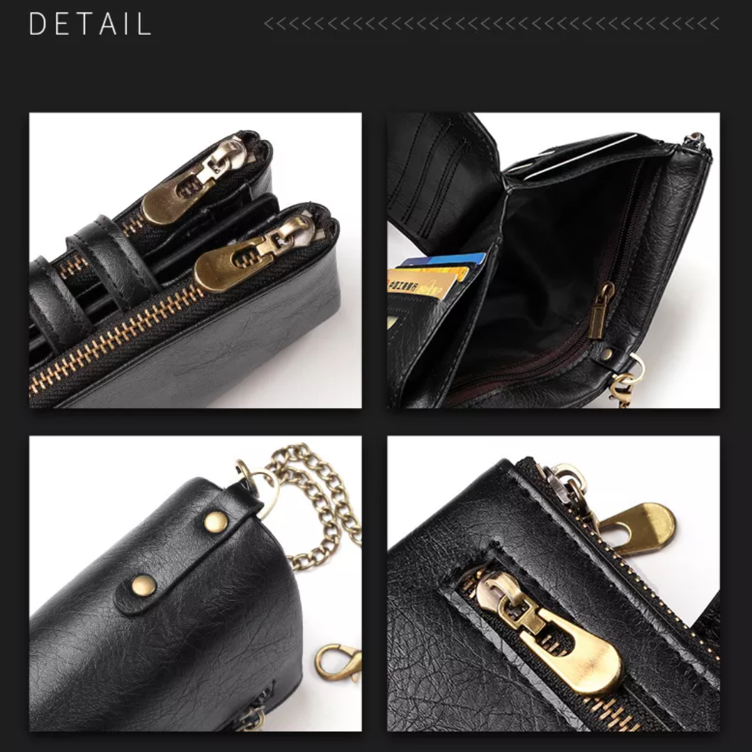 Schwarze Retro Herren Brieftasche mit Kette, Seitenansicht, robust & langlebig. Ein Herren Accessoire.