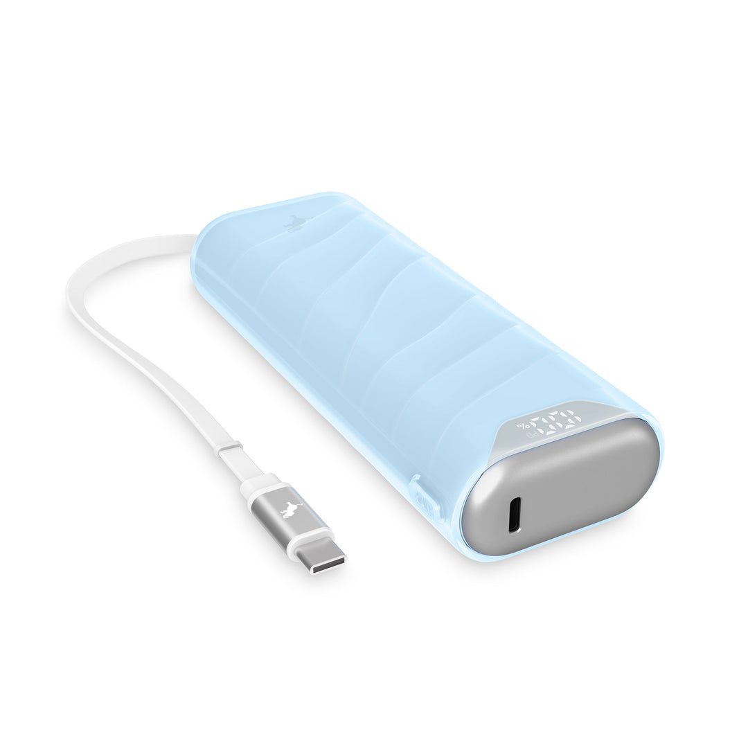 Zuverlässige 10.000 mAh Powerbank mit integriertem USB-C Kabel für schnelles Laden von Mobilgeräten.