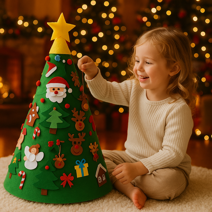 Montessori 3D Filz Weihnachtsbaum für Kinder mit abnehmbaren Ornamenten zur Förderung der Feinmotorik & Kreativität.