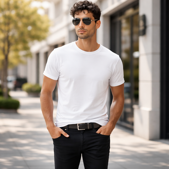 Mann trägt stilvolle polarisierte Pilotenbrille mit Metallrahmen, perfekt für Autofahren, Outdoor & Sommer. UV-Schutz.