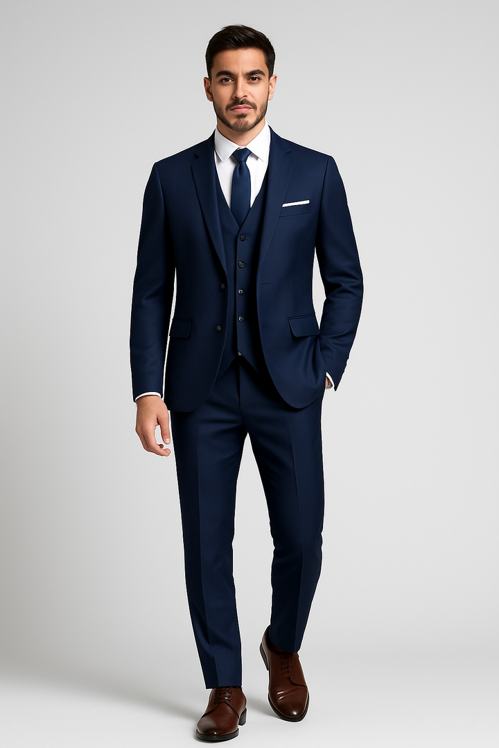 Moderner Slim-Fit Hochzeitsanzug für Herren, ideal für festliche Anlässe. Dreiteiler Businessanzug.