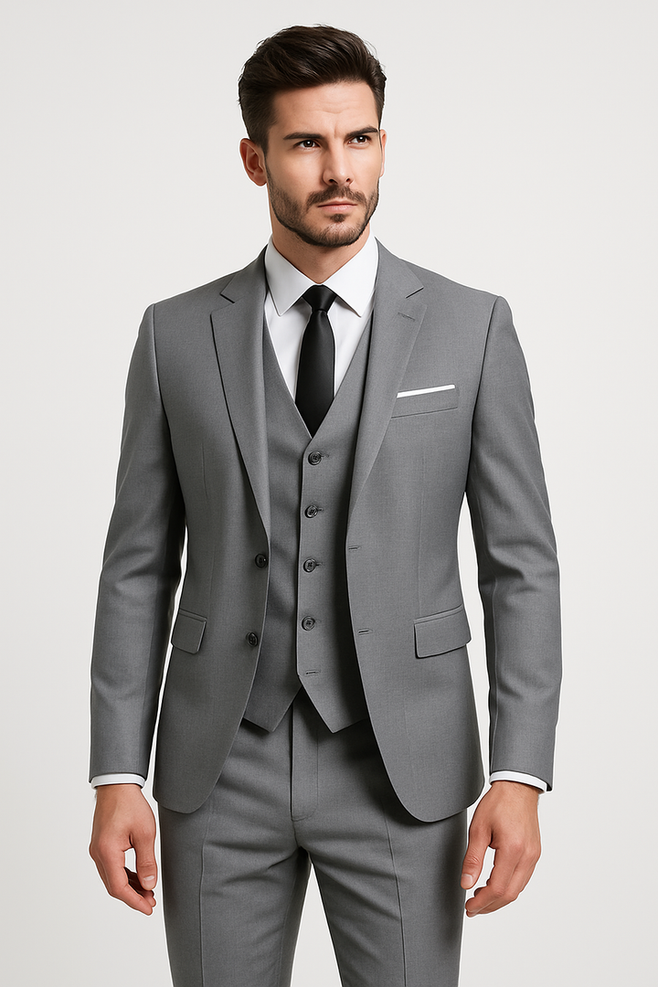 Formeller Herrenanzug im Slim-Fit Design: Sakko, Weste, Hose. Perfekte elegante Kleidung für Bankette.