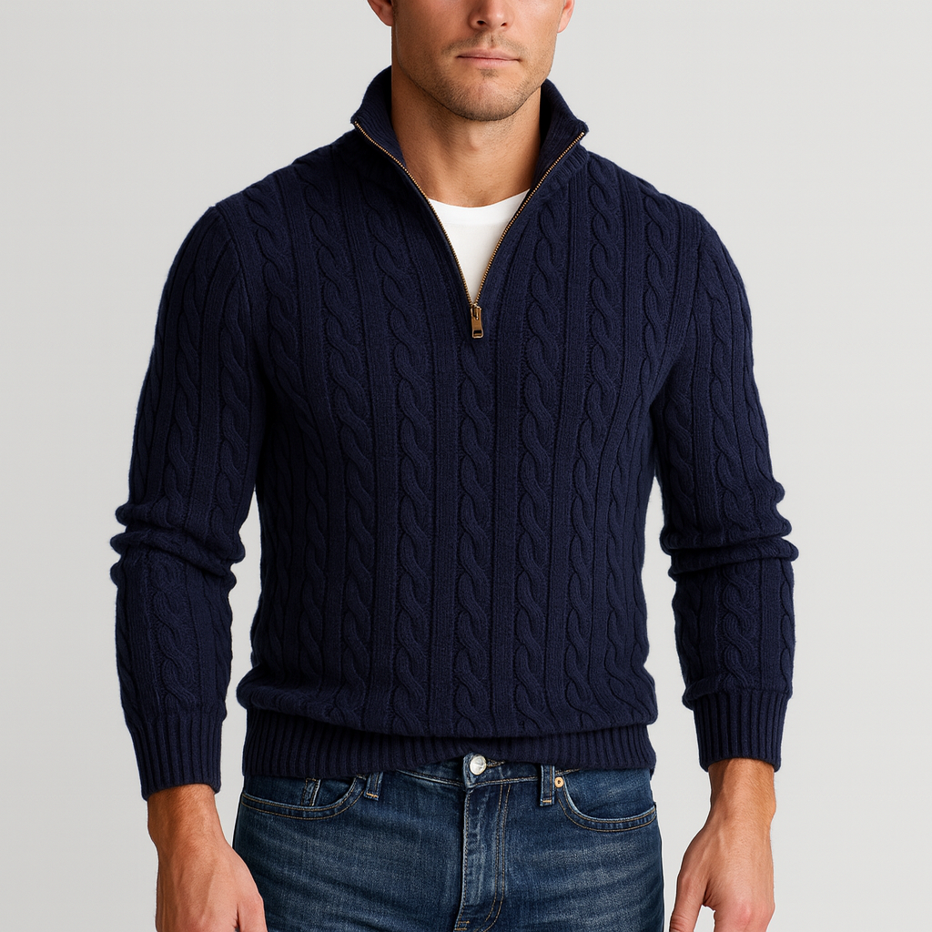 Bequemer Herren-Strickpullover mit halbem Reißverschluss & Stehkragen. Ideal für Alltag, Büro & Freizeit.