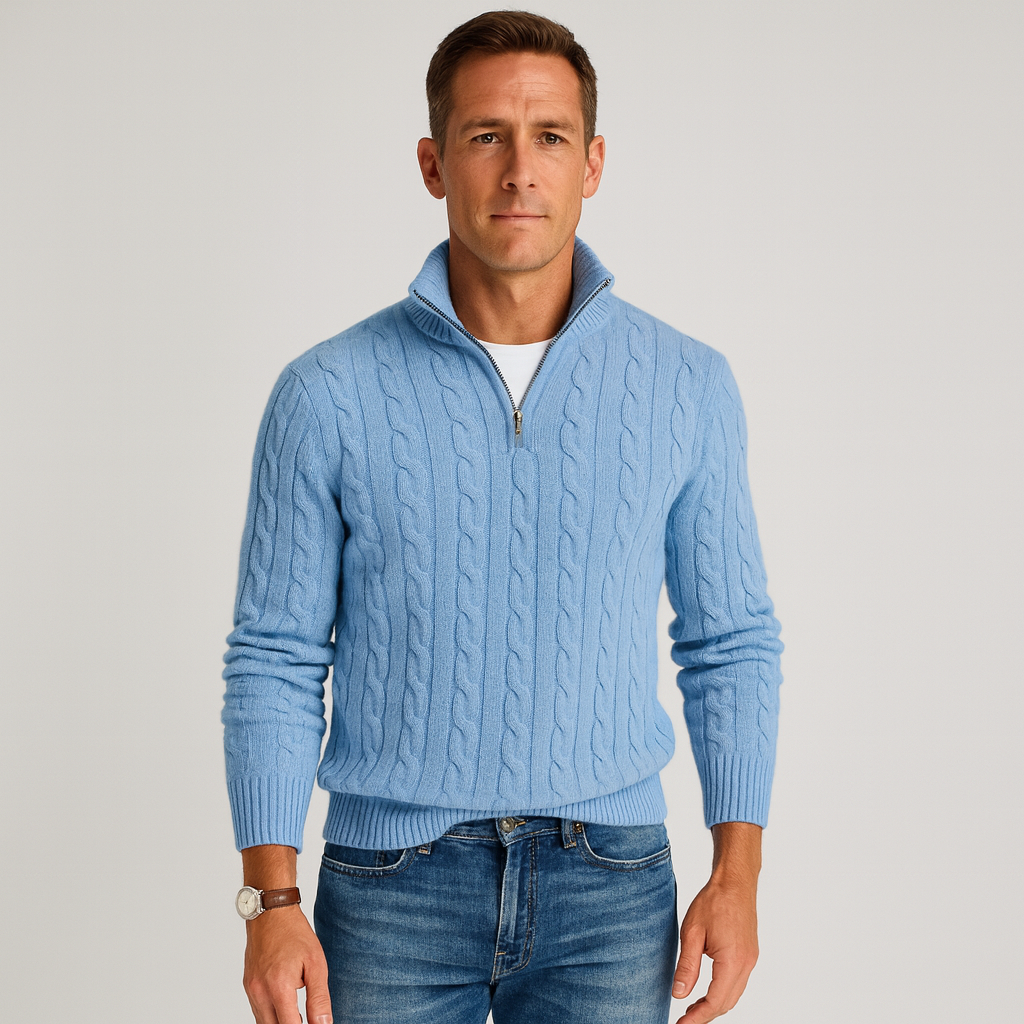Warmer Herren-Winterpullover mit halbem Reißverschluss & Stehkragen. Komfortables Oberteil für kalte Tage.