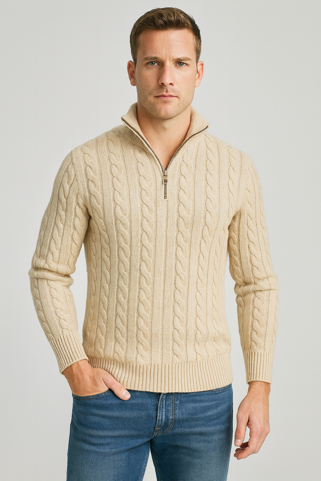 Vielseitiger Herren-Pullover: halber Reißverschluss, Stehkragen. Business, Freizeit, Winter & Alltagstauglich.