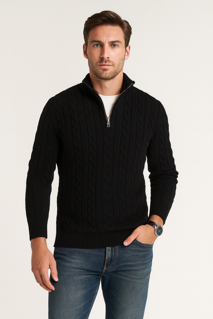 Herren-Oberteil: Eleganter Strickpullover mit halbem Reißverschluss & Stehkragen. Für Business & Freizeit.