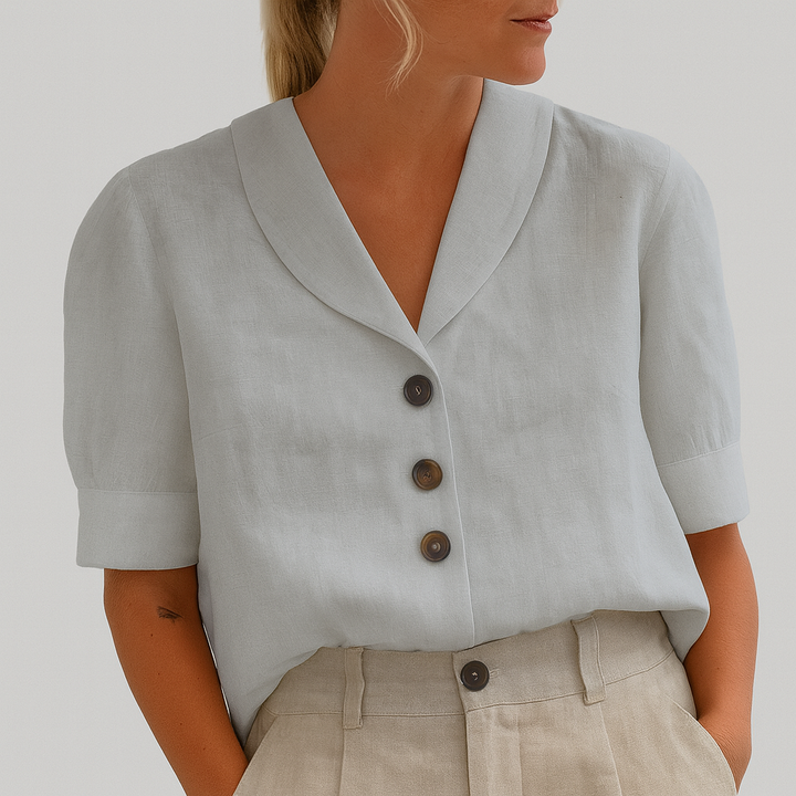 Moderne sommerliche Damen V-Ausschnitt Bluse, locker geschnitten für Komfort & stilvolle Frauenbekleidung.