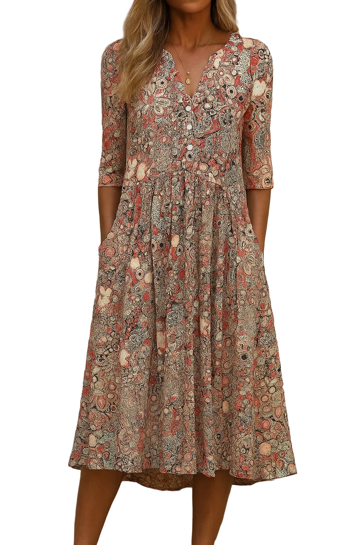 Damen Blumen Midikleid mit V-Ausschnitt, 3/4-Ärmeln, lockerer Passform & praktischen Taschen, ideal für den Sommer.