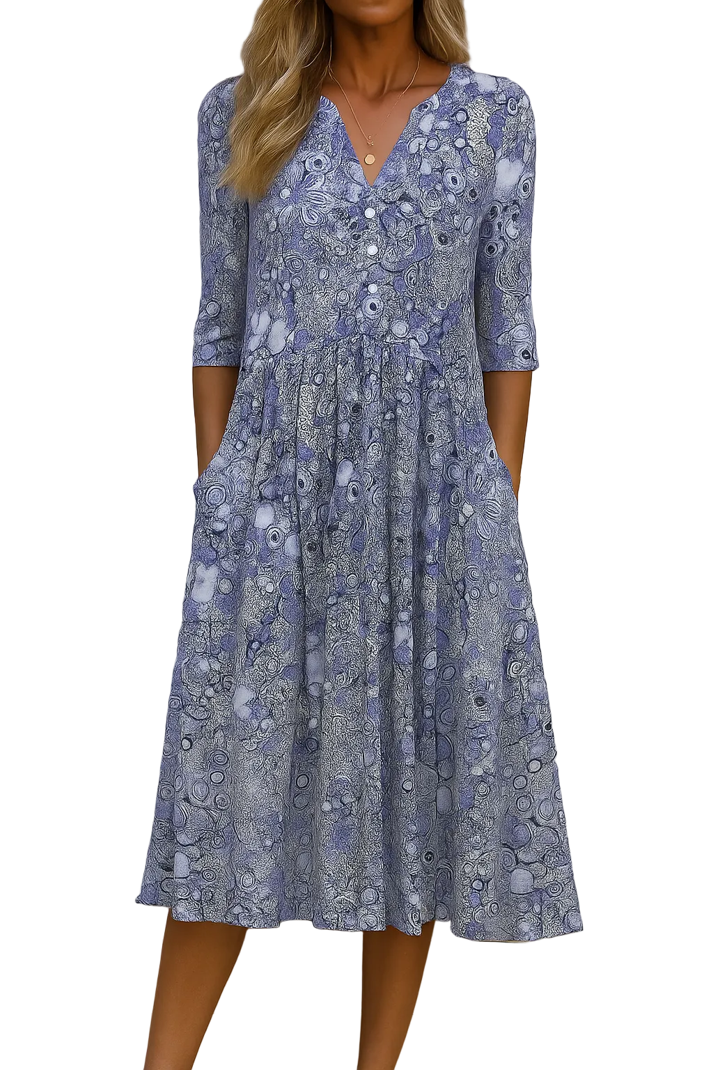 Elegantes Damen Freizeit Blumenkleid in Midilänge mit V-Ausschnitt & praktischen Seitentaschen, perfekt für den Alltag.