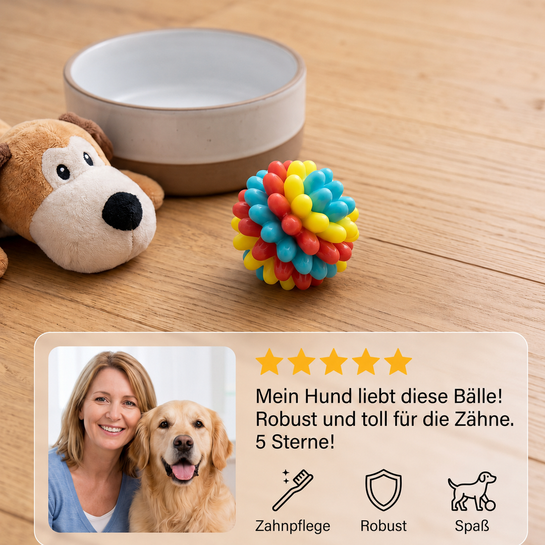 Strapazierfähiges Gummi-Hundespielzeug, bunter Kauball mit Noppen für langanhaltenden Kauspaß & Beschäftigung.