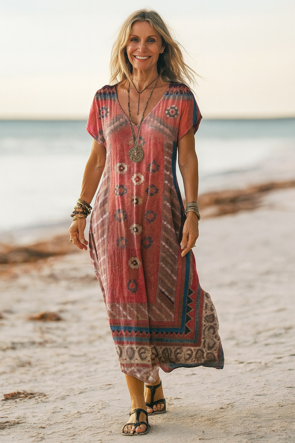 Damen Sommer Maxikleid mit elegantem V-Ausschnitt, floralem Print und kurzen Ärmeln.