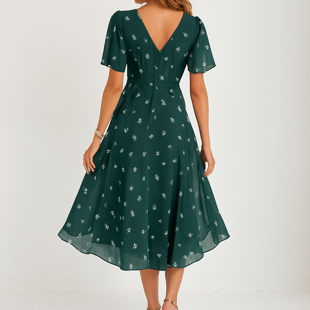 Mehrfarbiges Damen Midikleid in Wickel-Optik mit rosa, beige, grünen Blumen, V-Ausschnitt & Schmetterlingsärmeln.