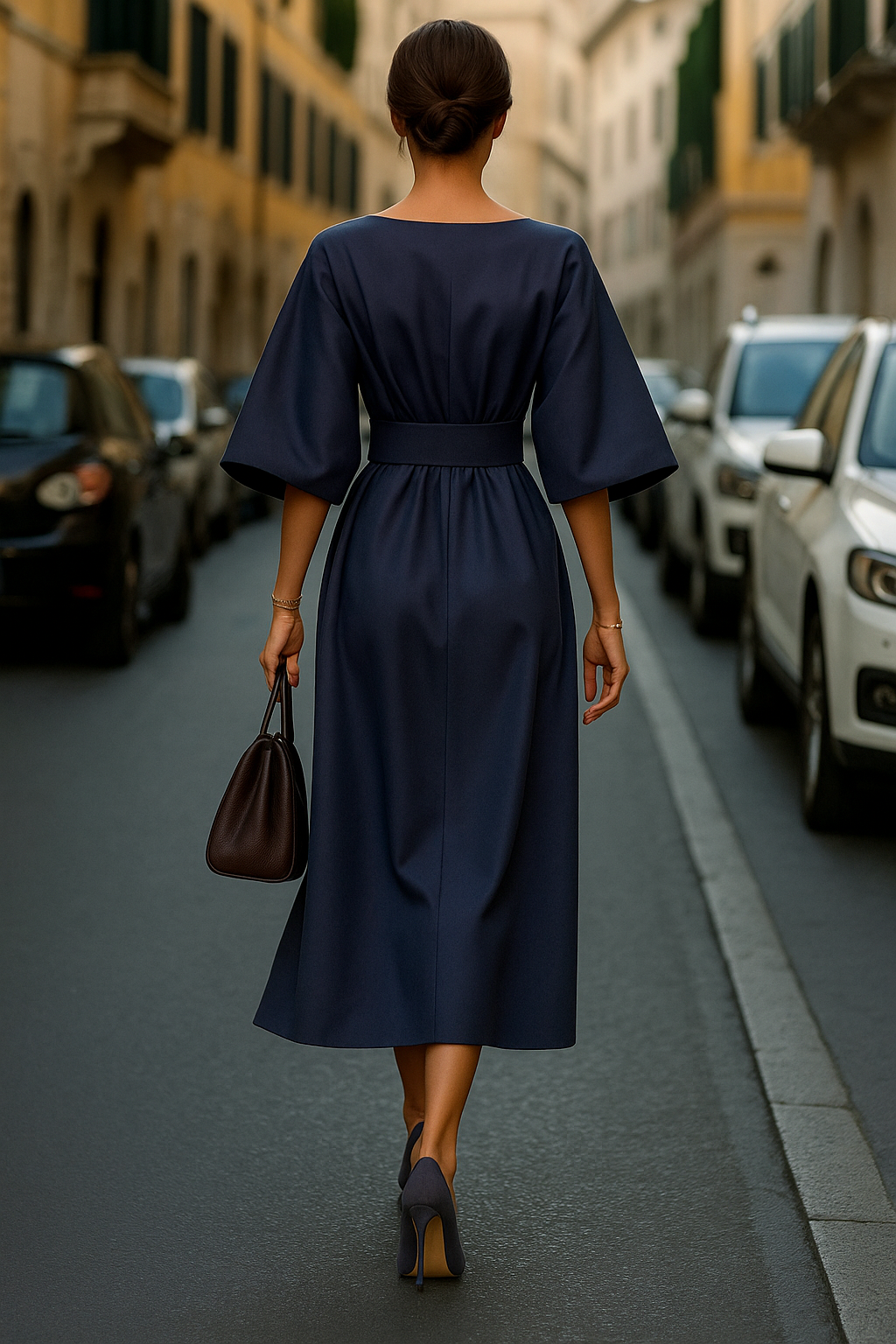 Stilvolles Business Midikleid für Damen. Tailliertes Design mit modischen Ballonärmeln und U-Boot-Ausschnitt.