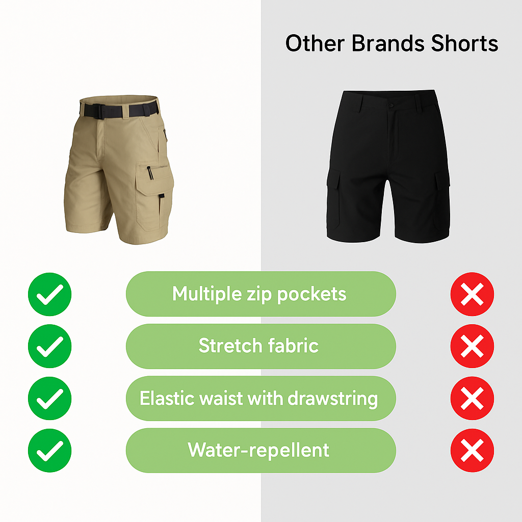 Herren Cargo Shorts für Outdoor mit 6 sicheren Reißverschlusstaschen, elastisch & bequem.