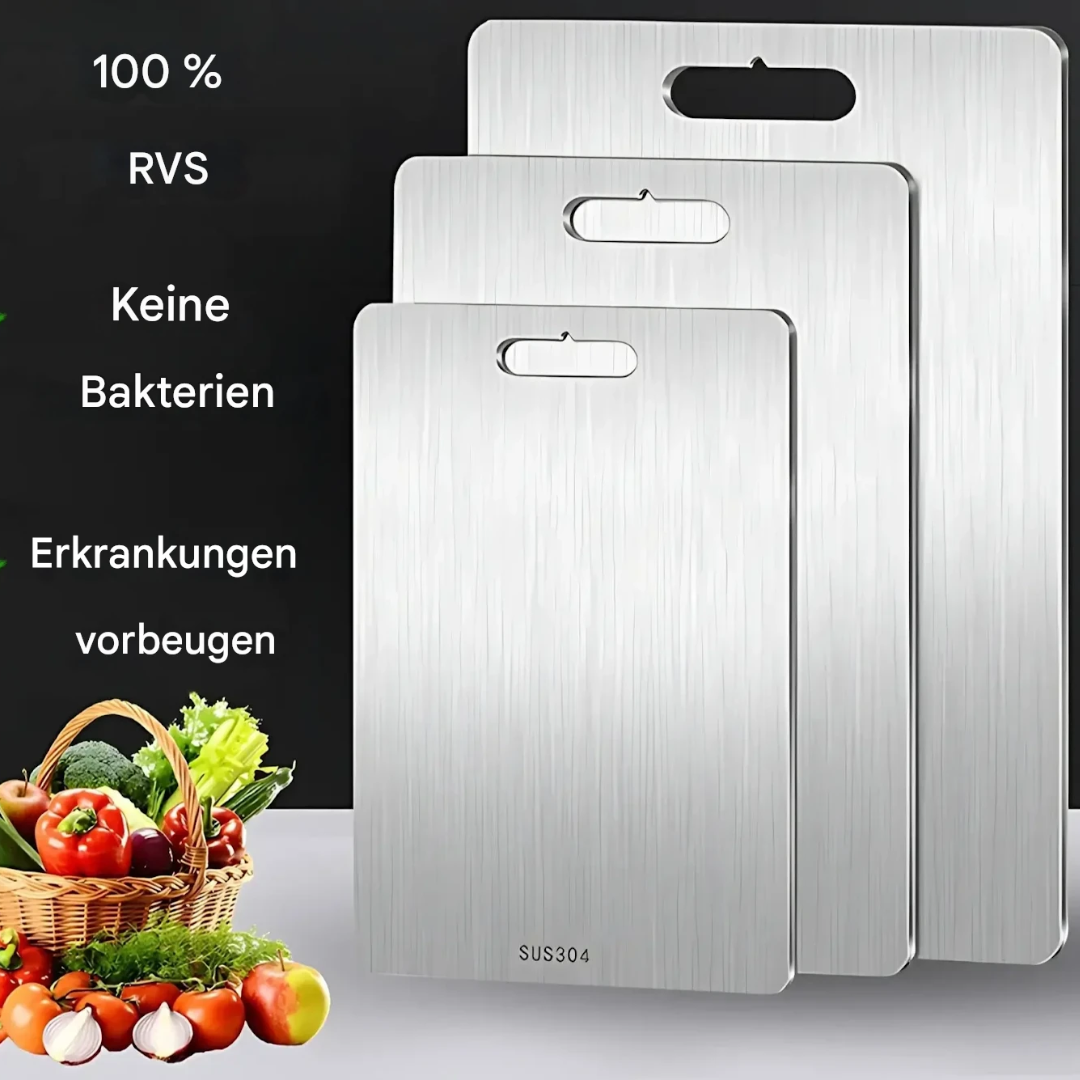 Antibakterielles Edelstahl-Schneidebrett, perfekt für Küchenhygiene und einfache Reinigung.