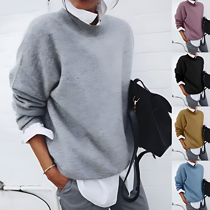 Nahaufnahme des weichen Feinstrick-Pullovers für Damen, zeigt die feine Textur.