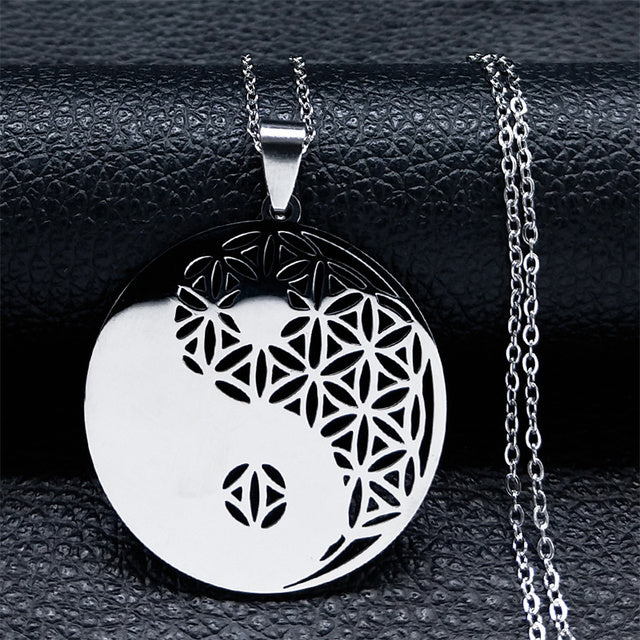 Edelstahl Blume des Lebens Halskette, runder spiritueller Unisex-Schmuck mit geometrischem Mandala-Design.
