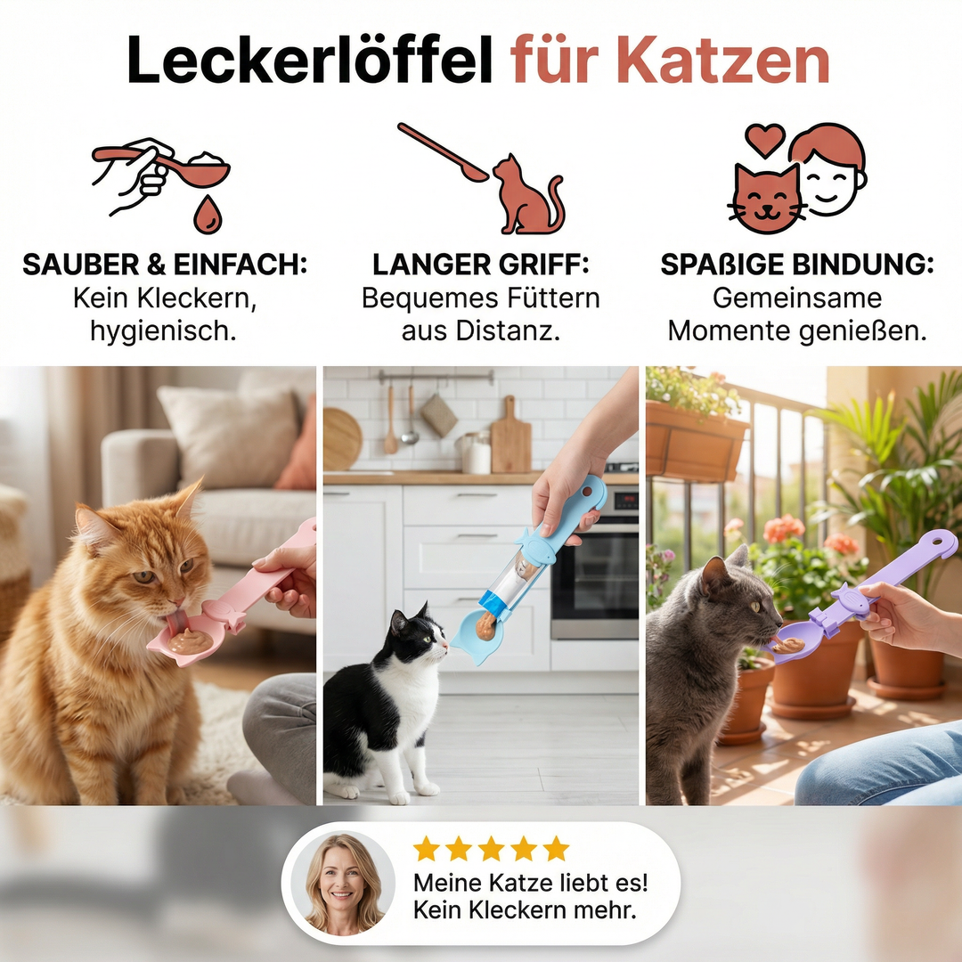 Ergonomischer Katzenfutterlöffel mit langem Griff. Perfekt für Nassfutterdosen und Snackspender.