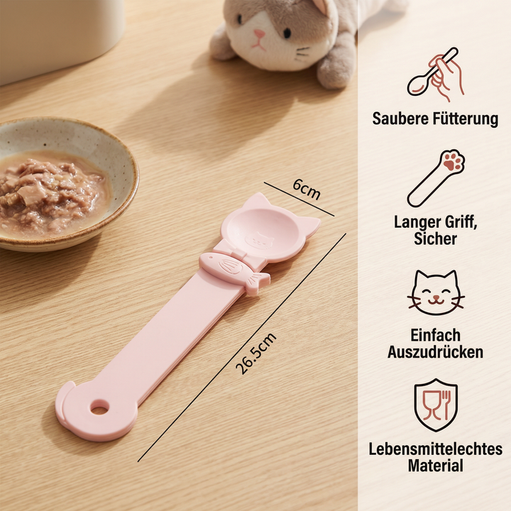 Katzenfutterlöffel mit langem Griff, bereit zum hygienischen Servieren von Nassfutter und Leckerlis für Haustiere.