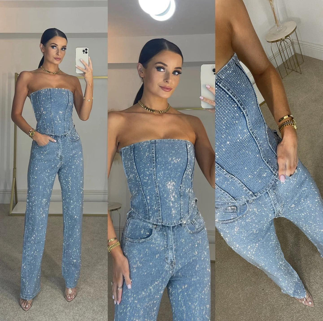 High-Waist-Jeans Hosenset für Damen mit glitzerndem Top, perfekt für Partys, Clubs & Sommerabende.