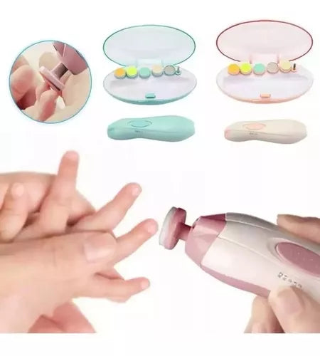 Weiße, elektrische Baby-Nagelfeile mit mehreren Aufsätzen für sanfte & sichere Pflege zarter Babynägel.