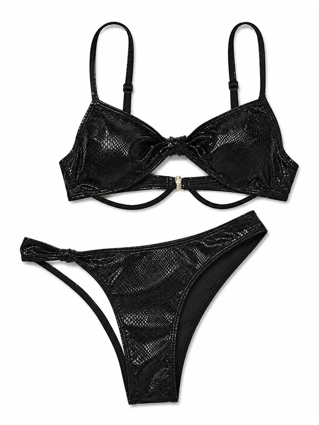 Glamouröses Damen Bademode Set mit metallischem Python-Muster, Twist-Top und hochgeschnittenem Unterteil.