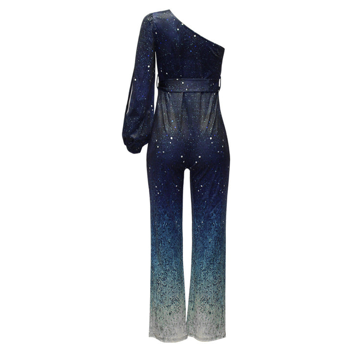 Modischer Damen Disco Jumpsuit, schulterfrei, mit auffälligem Retro Ombre Design. Perfekter Party Overall.