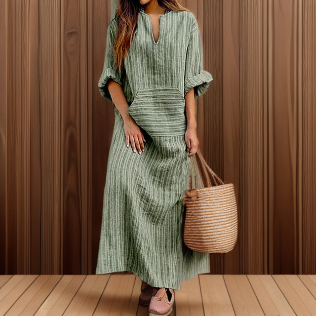Modisches Damen Maxikleid im Vintage-Stil, gestreiftes Design für Eleganz und Komfort.
