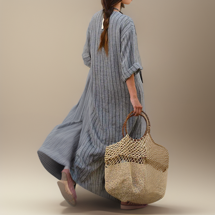 Damen Vintage Maxikleid gestreift, elegant und bequem für Freizeit oder Sommer.