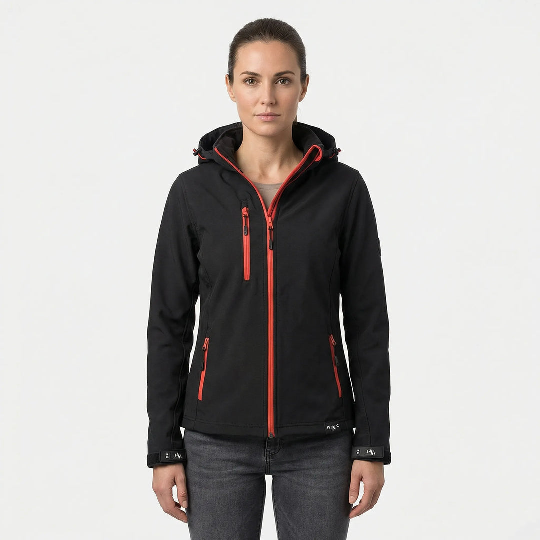 Modische Damen Freizeitjacke: Softshelljacke mit Kapuze, wind- & wasserabweisend, tailliert.