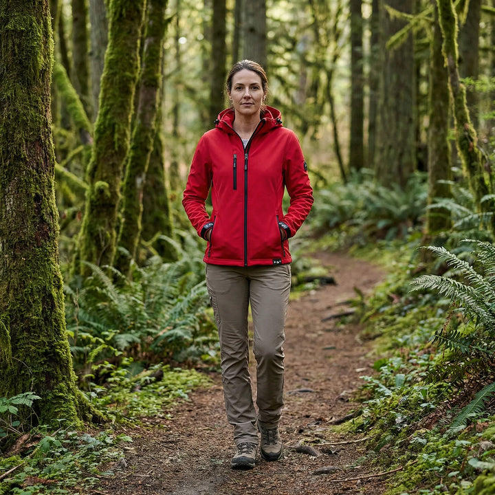 Damen Softshelljacke mit Kapuze, tailliert, wasserabweisend für Outdoor & Freizeit.
