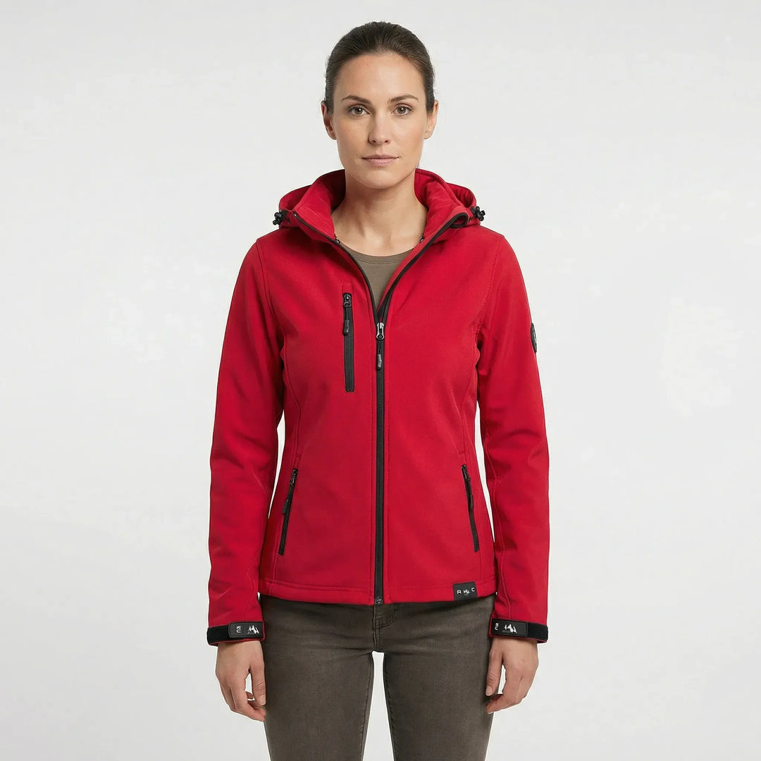 Flexible Damen Softshelljacke mit Kapuze, wasserabweisend, schützt vor Wind und Regen.