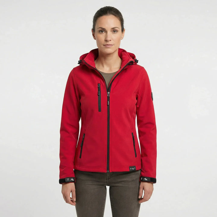 Flexible Damen Softshelljacke mit Kapuze, wasserabweisend, schützt vor Wind und Regen.