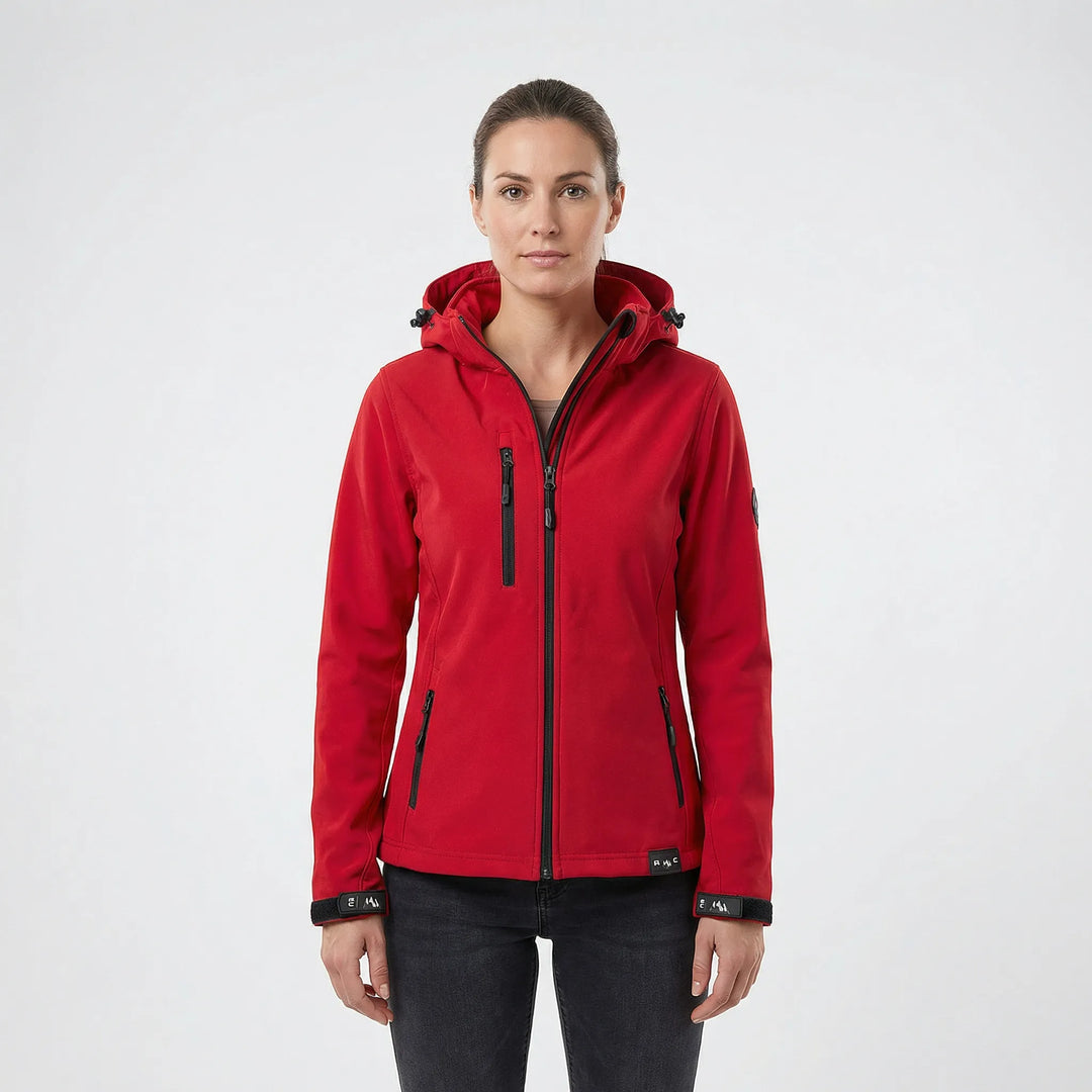 Sportliche Damen Softshelljacke mit Kapuze für Outdoor-Aktivitäten, wind- & wasserabweisend.
