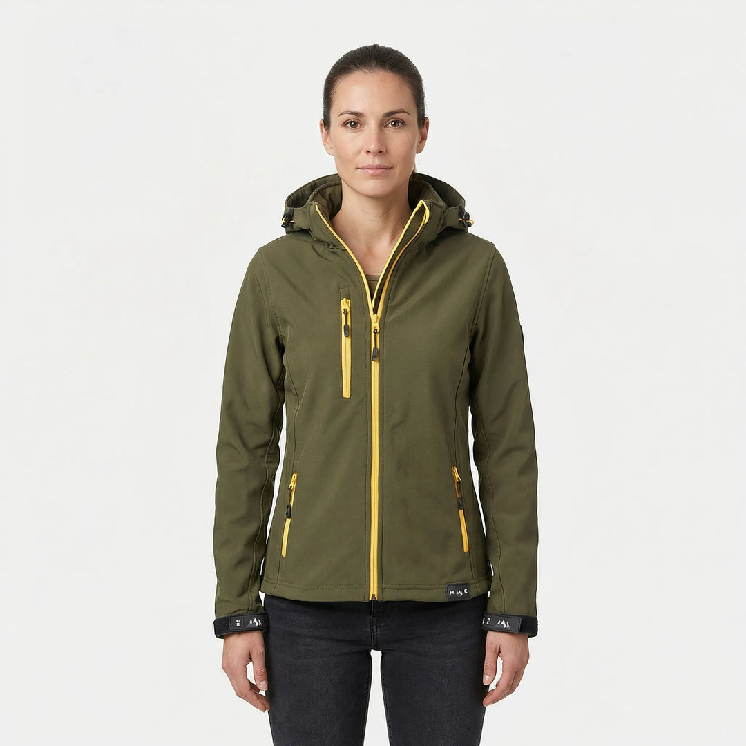 Bequeme Damen Softshelljacke mit Kapuze, atmungsaktiv, tailliert, für flexiblen Wetterschutz.