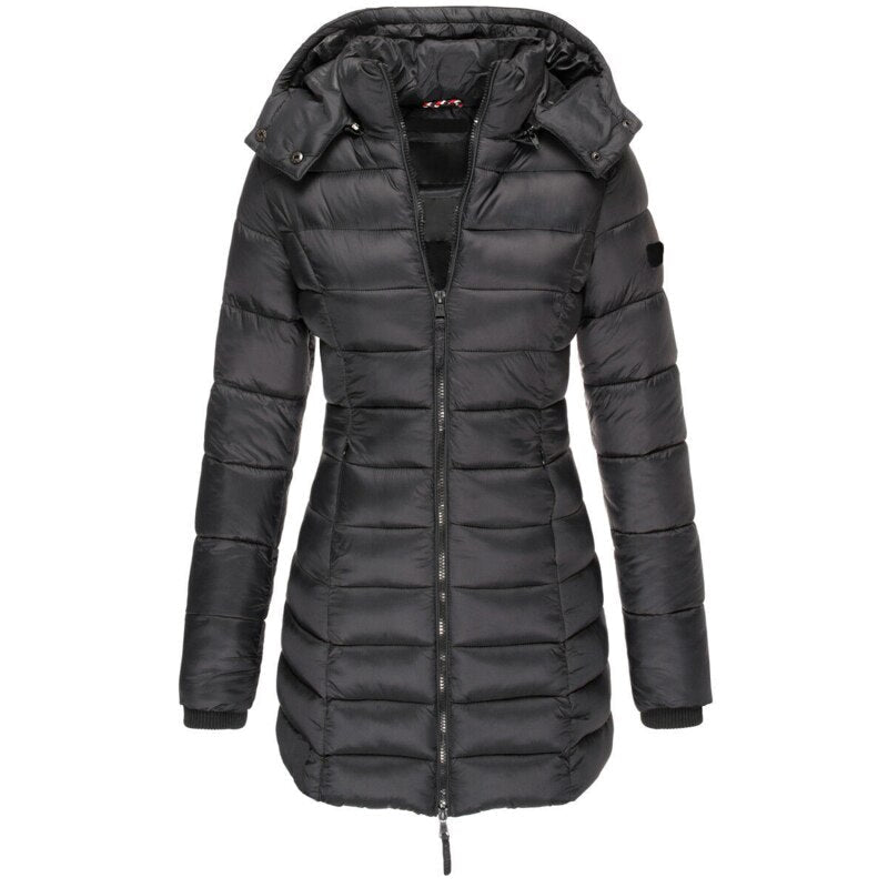 Elegante Damen Daunen-Winterjacke mit praktischer Kapuze & durchgehendem Reißverschluss.
