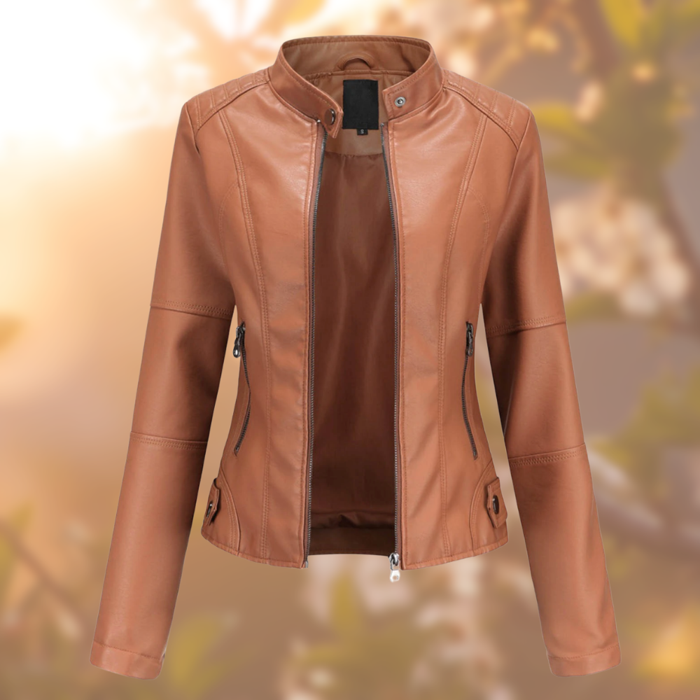 Moderne Damen Bikerjacke in Beige, stylische Übergangsjacke mit Reißverschlüssen für Frühling & Herbst.