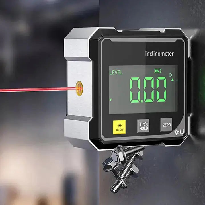 Präziser digitaler Neigungsmesser mit Laser, ideal zum Ausrichten von Oberflächen. Mit Magnetfuß.