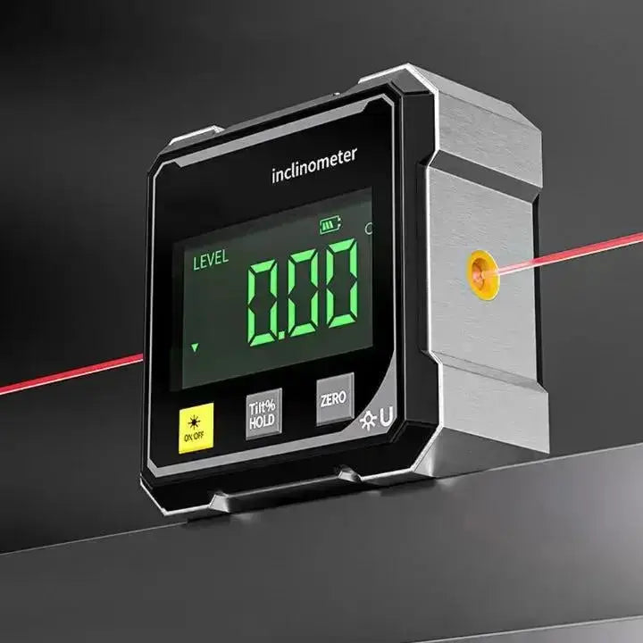 Digitales Winkelmessgerät mit Laser und starkem Magnetfuß für präzises Ausrichten im Innenausbau.