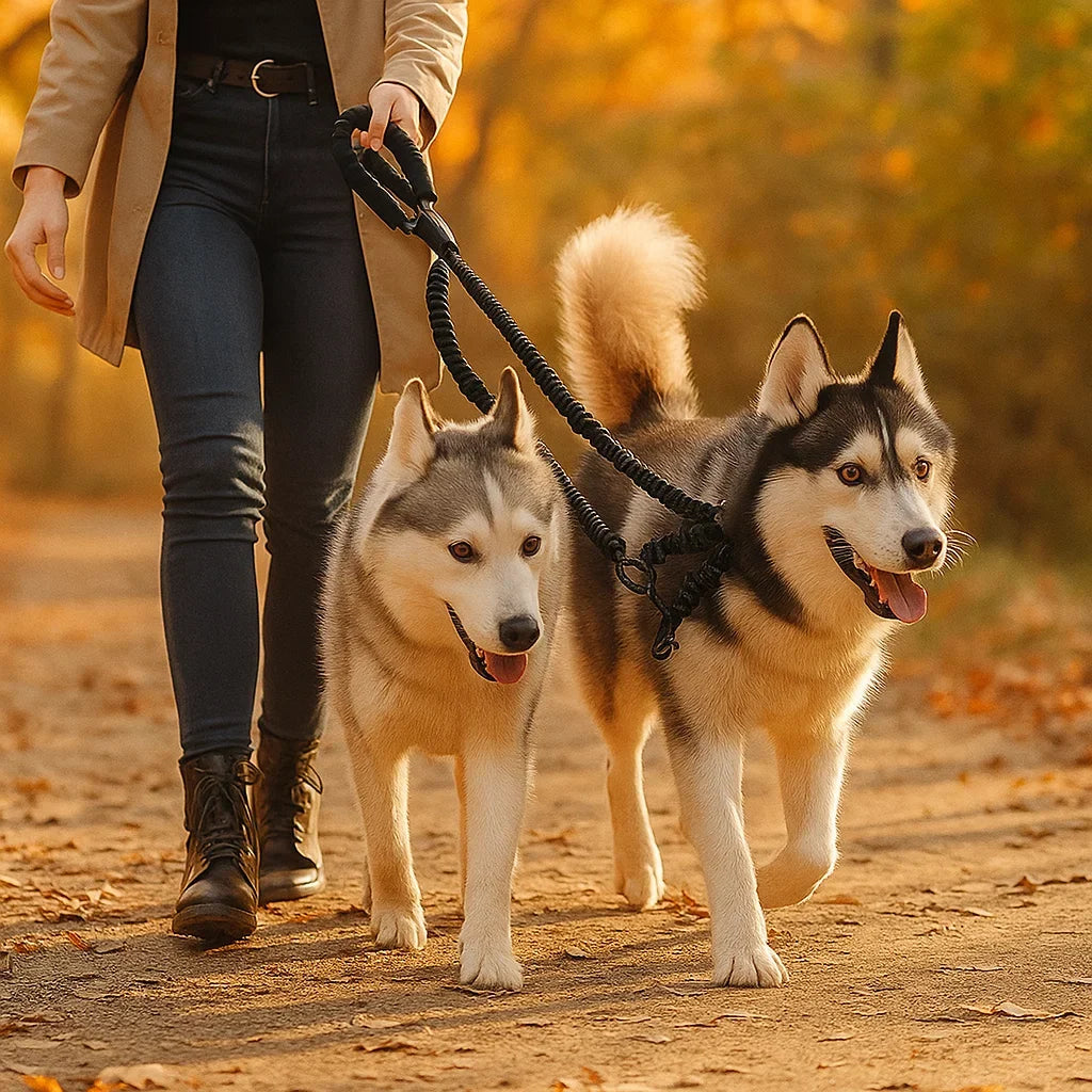 Doppel Hundeleine Anti-Verheddern für 2 Hunde, robust & sicher für entspannte Spaziergänge.