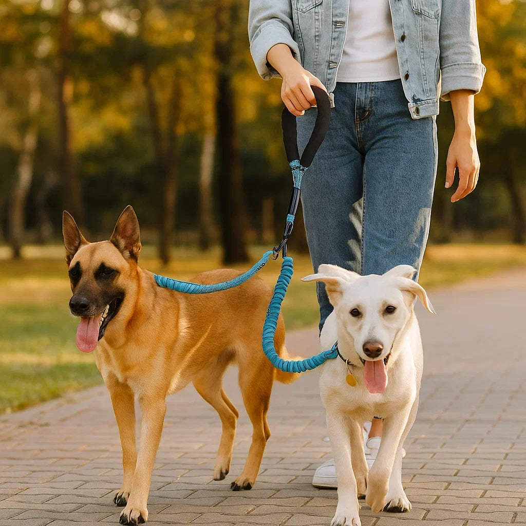 Sichere Doppel-Hundeleine in Rot mit Anti-Verheddern Mechanismus. Ideal für entspannte Gassi-Runden mit zwei Hunden.