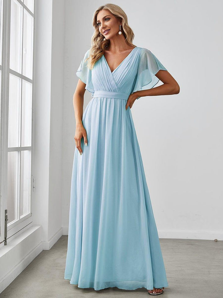 Mintgrünes Abendkleid A-Linie mit Flügelärmeln, elegant für Hochzeitsgäste.