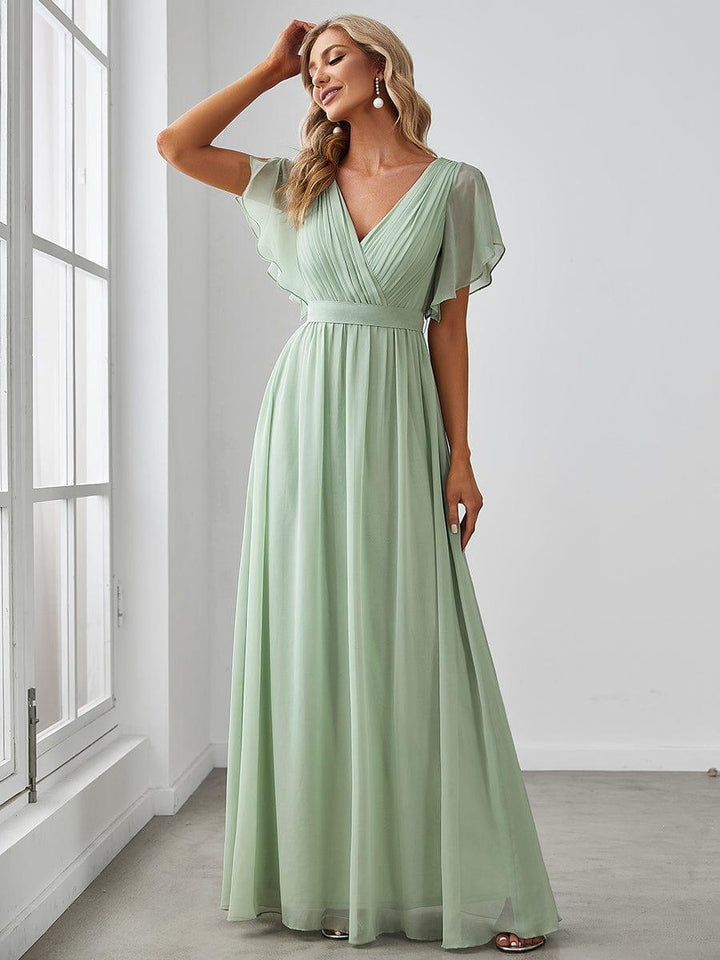 Festliches mintgrünes A-Linie Damen Maxikleid, V-Ausschnitt, für Gala & Brautjungfern.