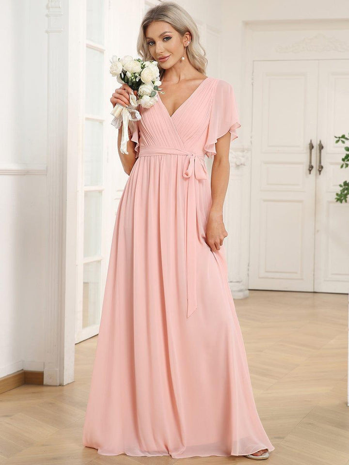 Festliches mintgrünes Damen Abendkleid A-Linie, V-Ausschnitt, für Hochzeitsgäste.