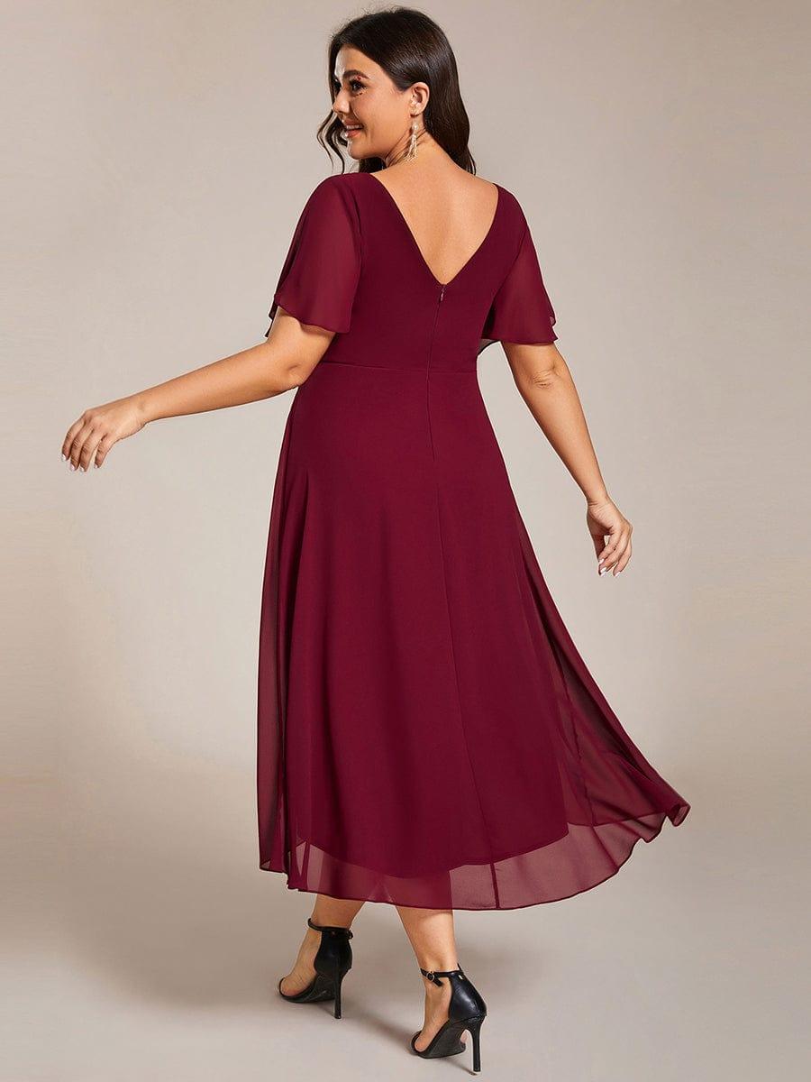 Elegantes Mokkabraunes Damen Festkleid, Vokuhila Midi-Länge, A-Linie, Kurzarm; ideal als Brautjungfernkleid.